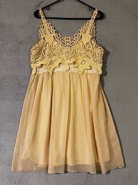 Mini Slip Dress Butter Yellow Crochet Babydoll Bodice Flowy Chiffon Skirt Large